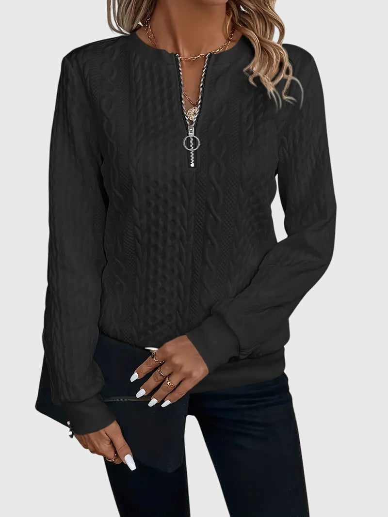 Women's Relaxed Cable Cardigan with Three-Quarter Sleeves - Black