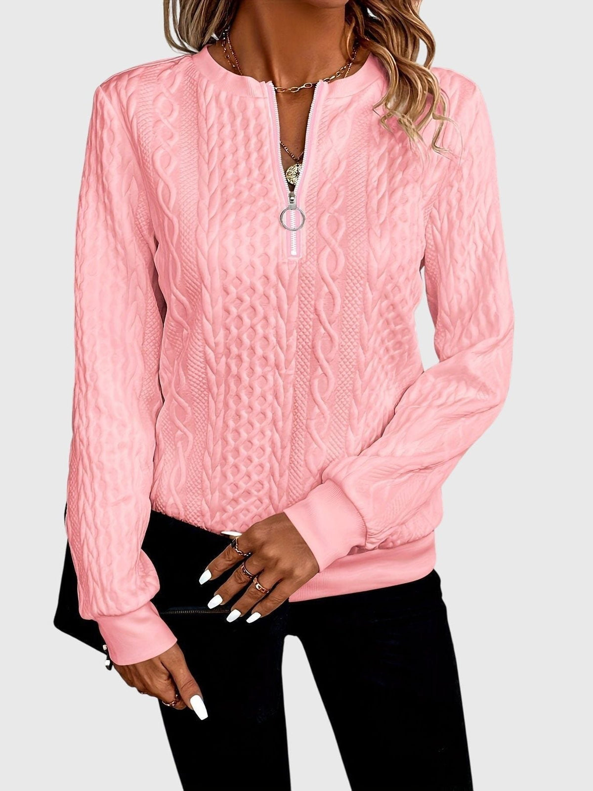 Women's Relaxed Cable Cardigan with Three-Quarter Sleeves - Pink