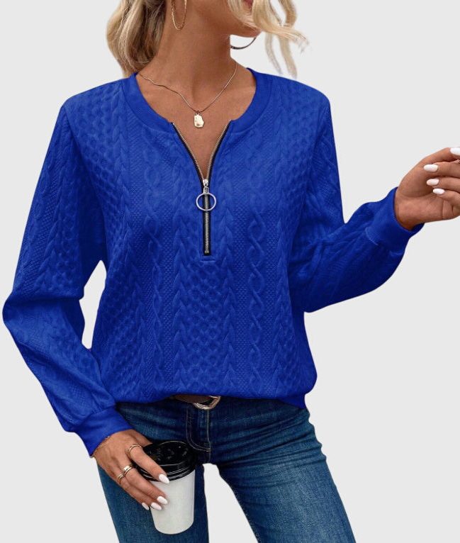 Women's Relaxed Cable Cardigan with Three-Quarter Sleeves - Blue