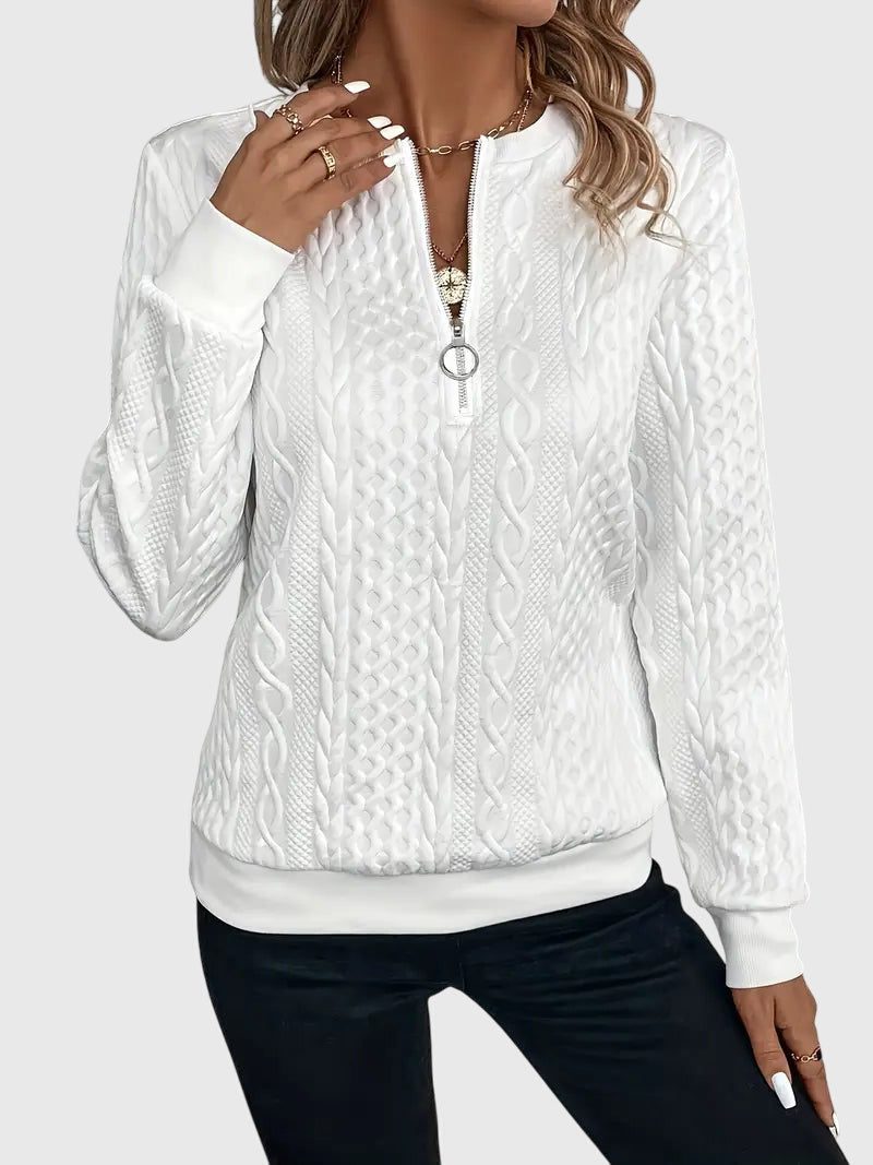 Women's Relaxed Cable Cardigan with Three-Quarter Sleeves - White With White Zipper