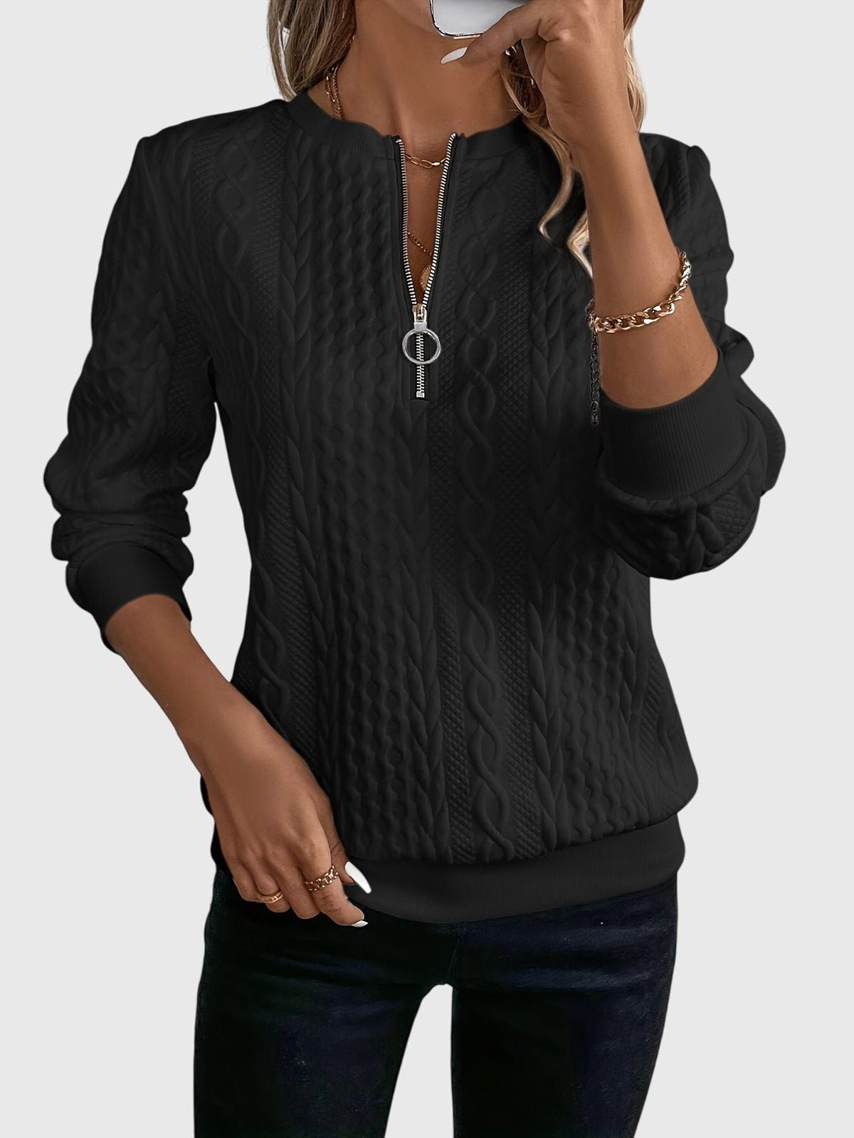 Women's Relaxed Cable Cardigan with Three-Quarter Sleeves