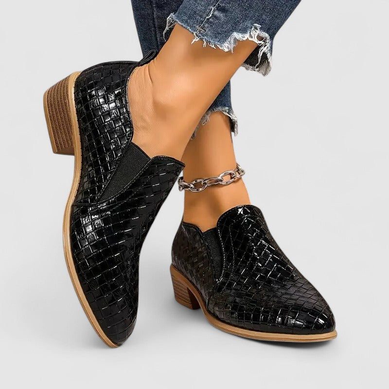Women's Embossed Round-Toe Mid-Heel Loafers - Black