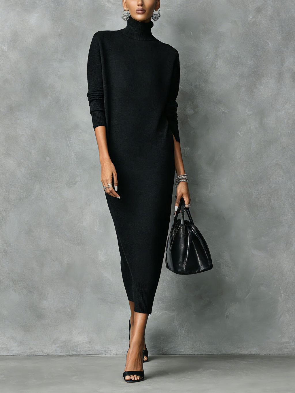 Women's Long Sleeve Ribbed Turtleneck Knit Maxi Sweater Dress - Black