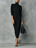 Women's Long Sleeve Ribbed Turtleneck Knit Maxi Sweater Dress - Black