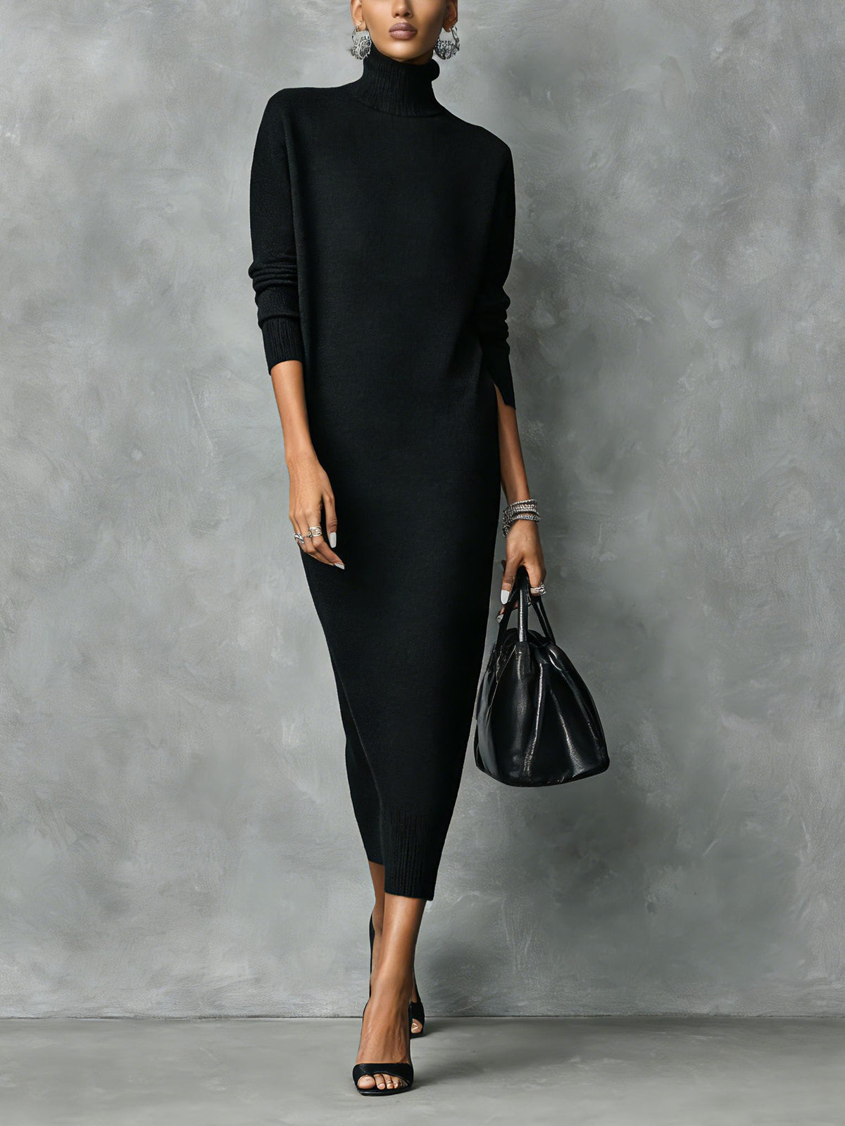 Women's Long Sleeve Ribbed Turtleneck Knit Maxi Sweater Dress - Black