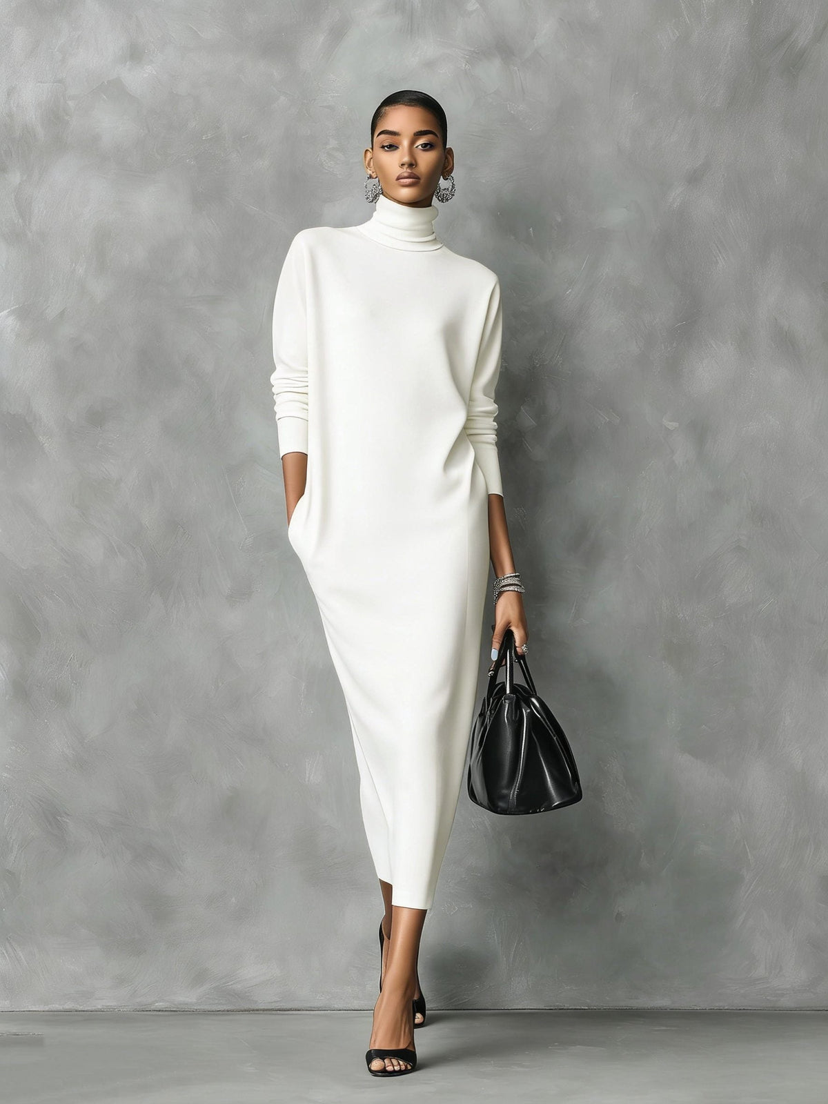 Women's Long Sleeve Ribbed Turtleneck Knit Maxi Sweater Dress - White