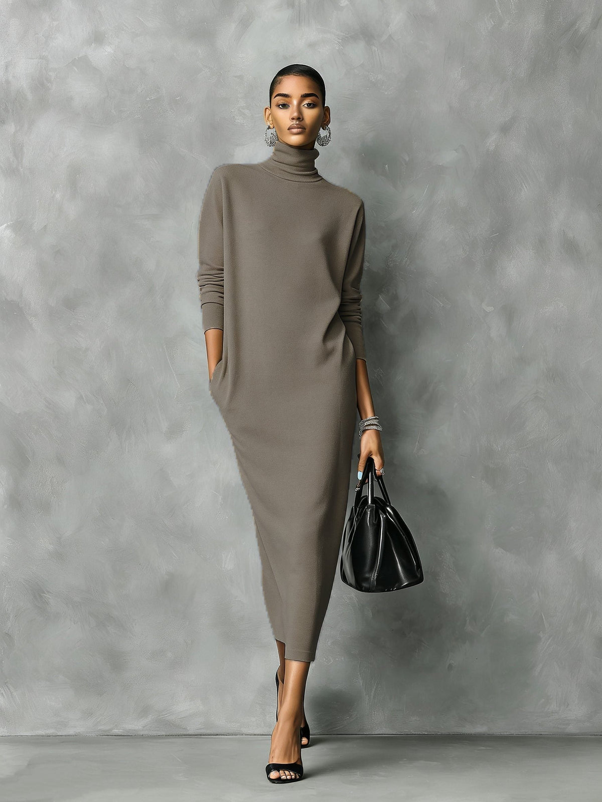 Women's Long Sleeve Ribbed Turtleneck Knit Maxi Sweater Dress - Khaki Brown