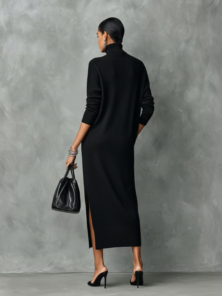 Women's Long Sleeve Ribbed Turtleneck Knit Maxi Sweater Dress