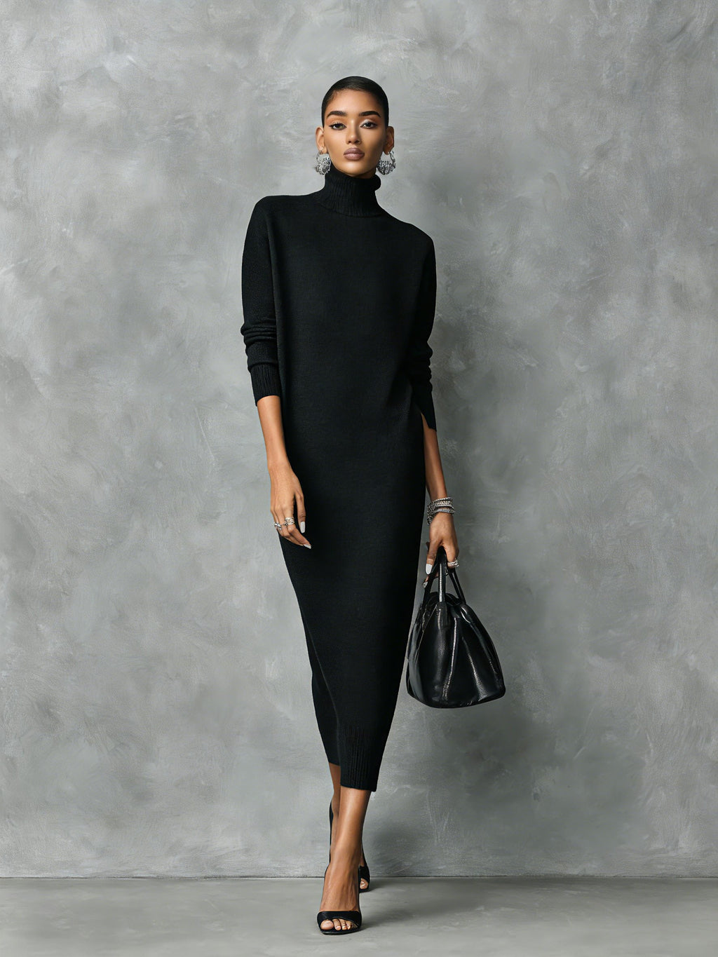 Women's Long Sleeve Ribbed Turtleneck Knit Maxi Sweater Dress