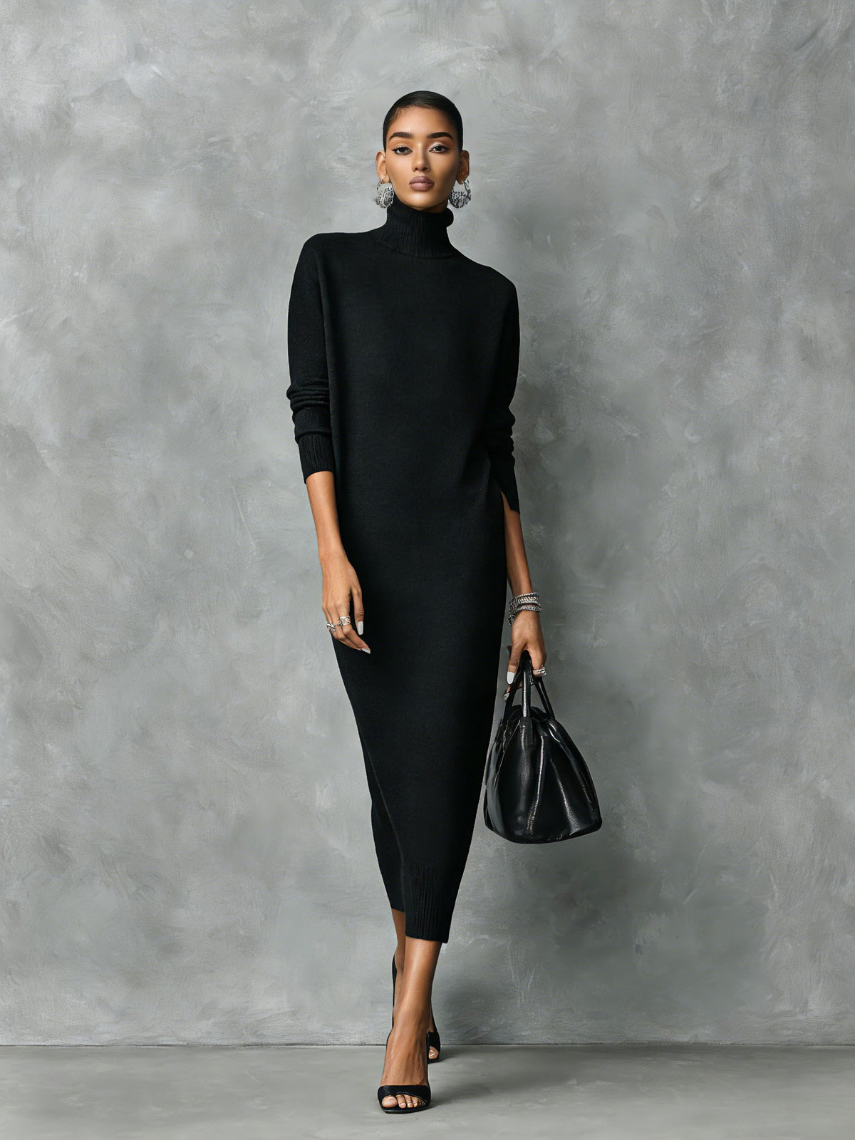 Women's Long Sleeve Ribbed Turtleneck Knit Maxi Sweater Dress