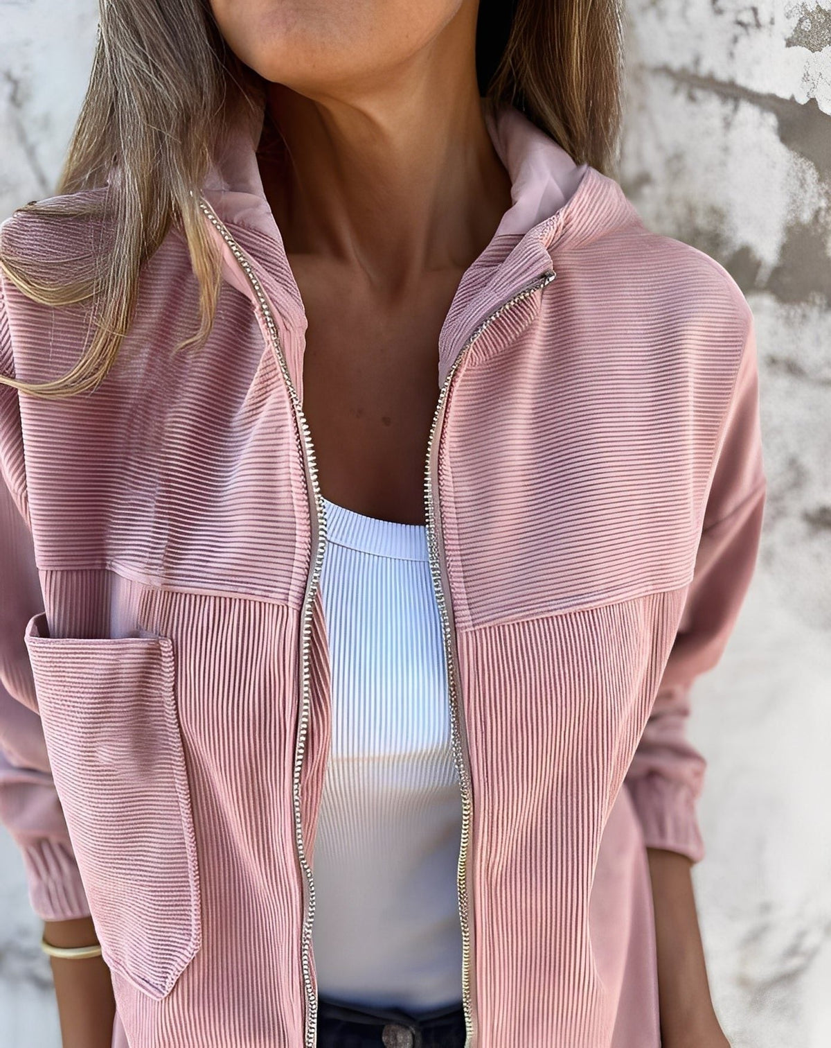 Women's Corduroy Zip-Front Hoodie Jacket with Front Pockets - Pink