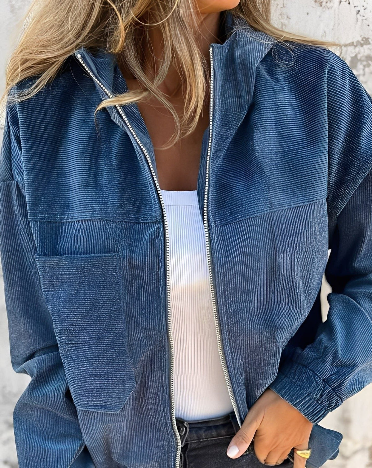 Women's Corduroy Zip-Front Hoodie Jacket with Front Pockets - Blue