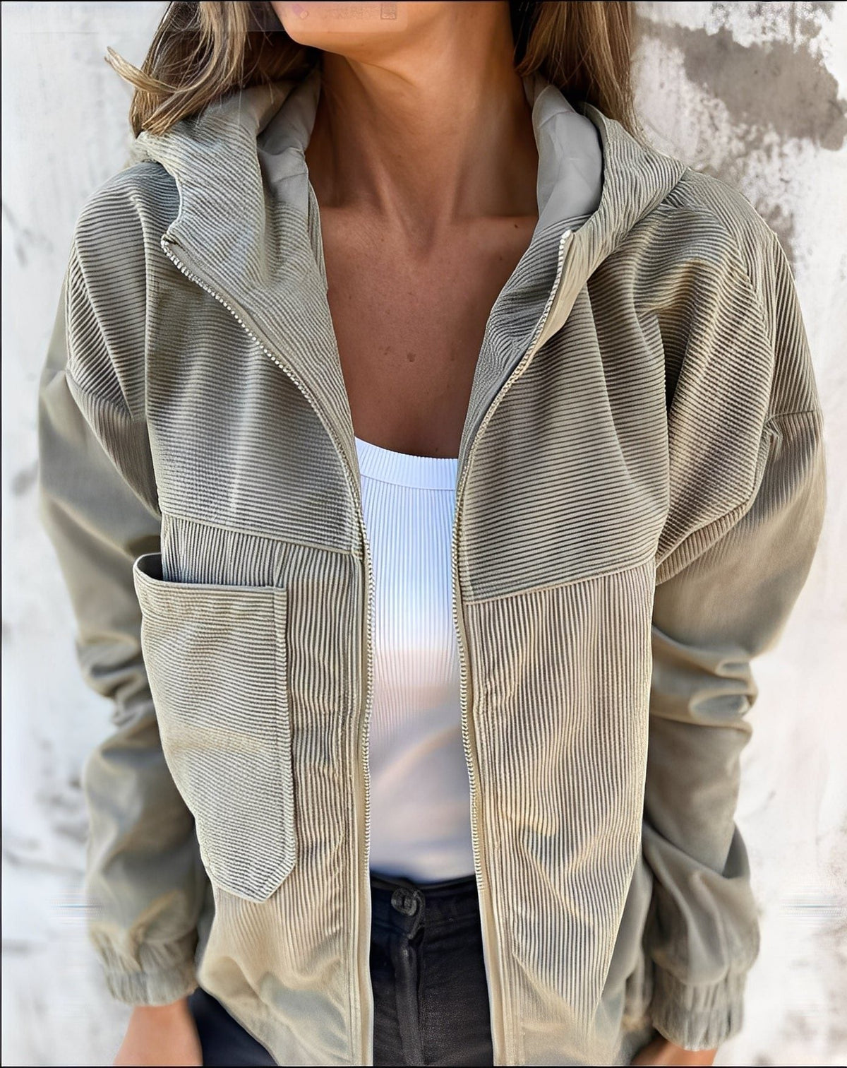 Women's Corduroy Zip-Front Hoodie Jacket with Front Pockets - Khaki