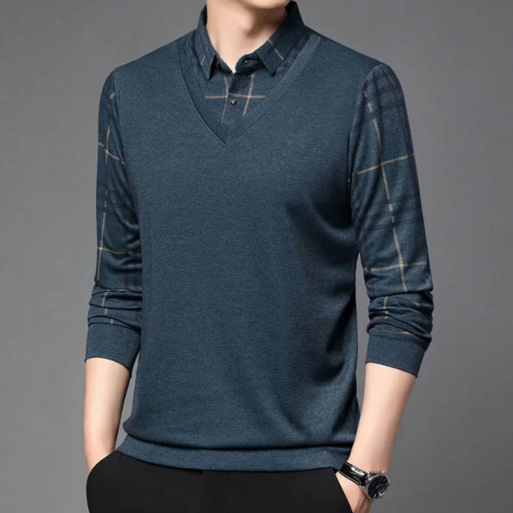 Men's Layered V Neck Sweater with Printed Sleeve Accents