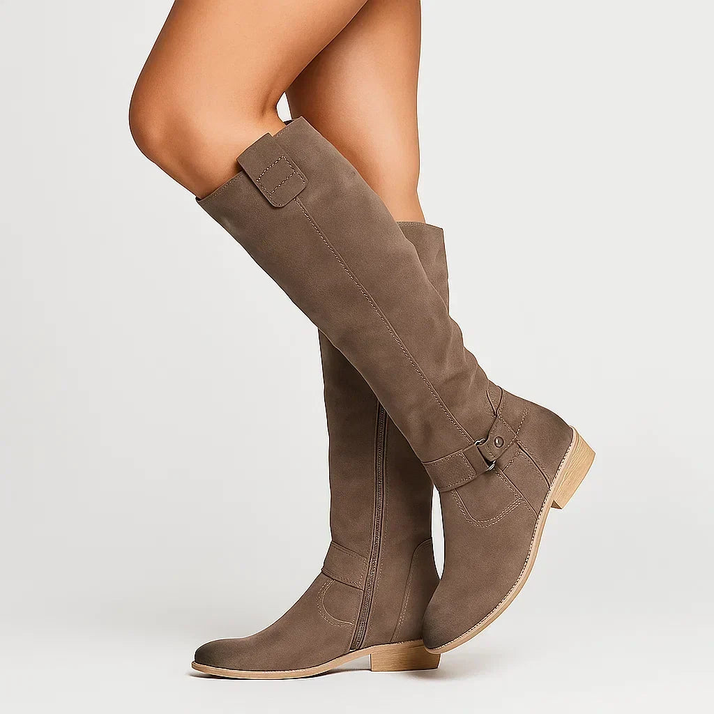 Women's Knee-High Block Heel Boots in Soft Suede – Brown