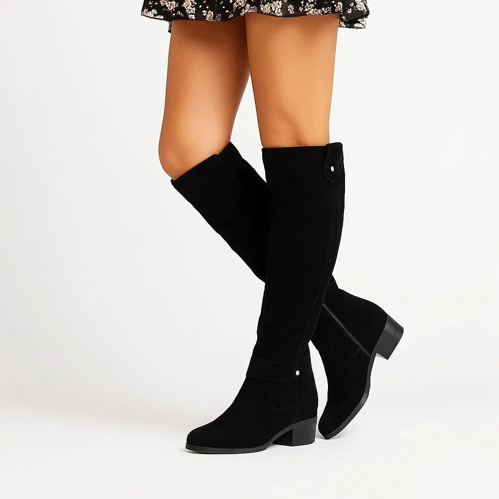 Women's Knee-High Block Heel Boots in Soft Suede – Black
