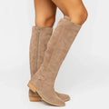 Women's Knee-High Block Heel Boots in Soft Suede – Beige