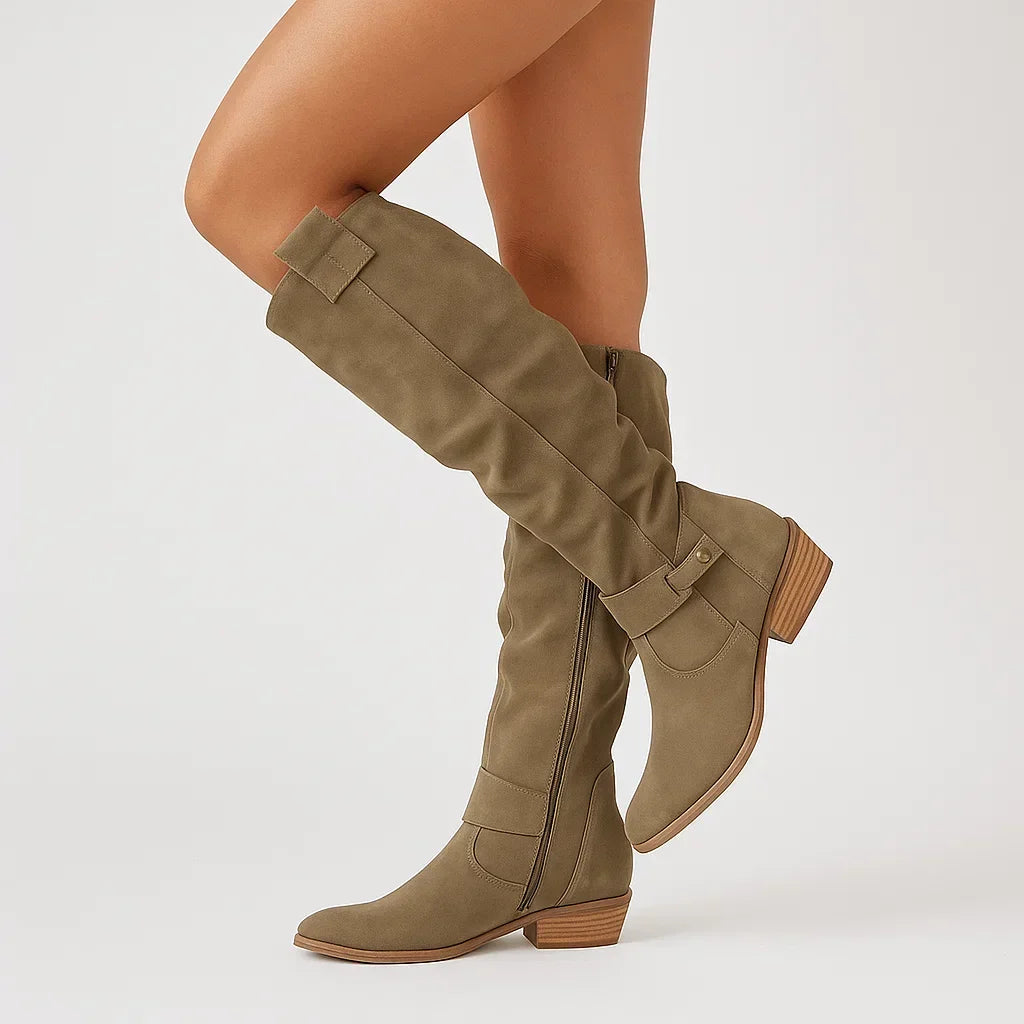 Women's Knee-High Block Heel Boots in Soft Suede – Dark Green