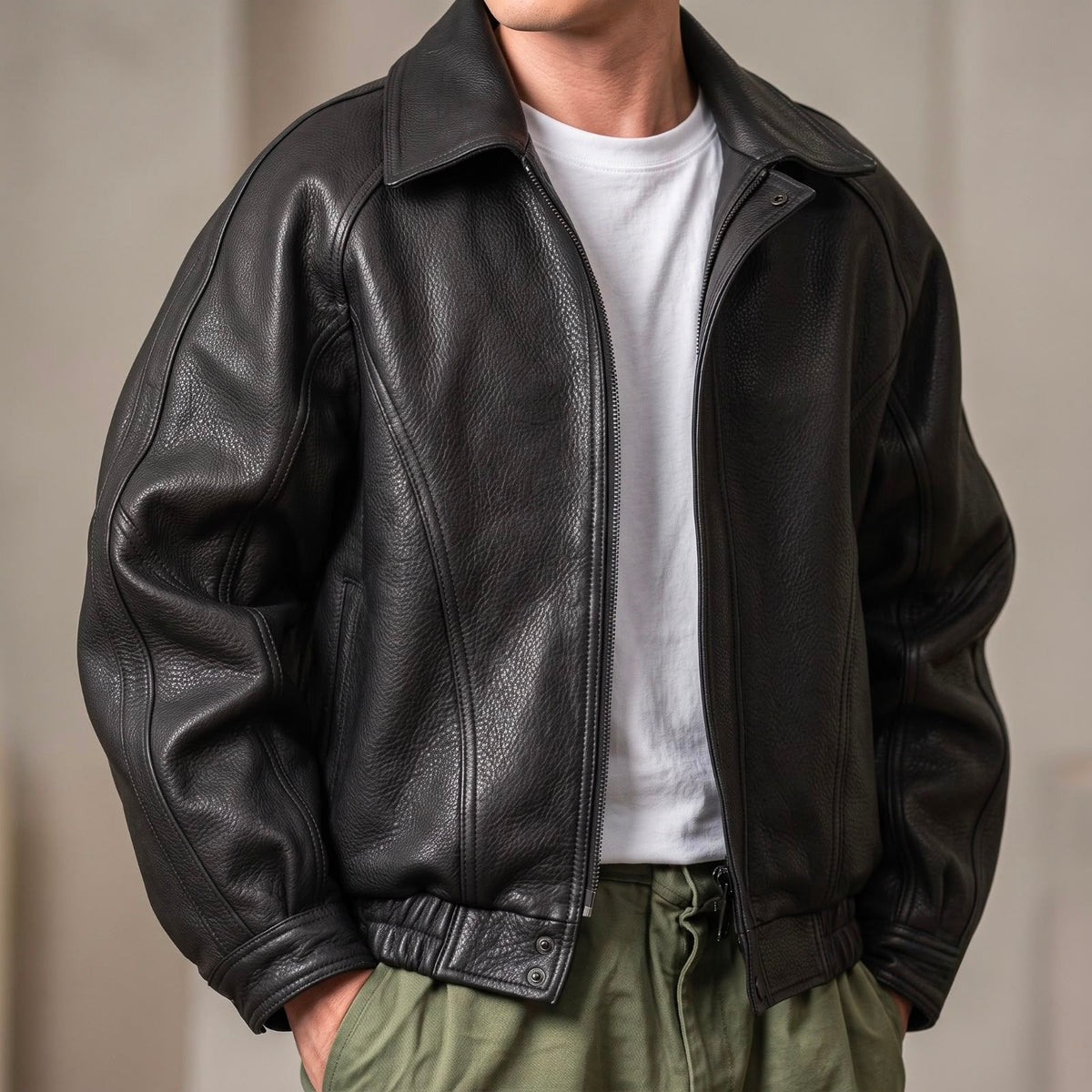 Men's Leather Zip Jacket Structured Collared Layer for Spring