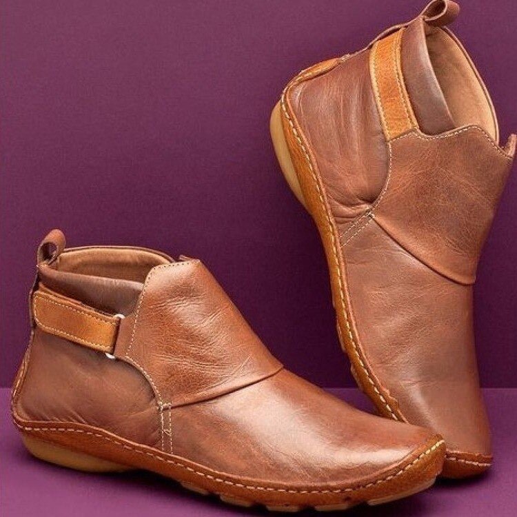 Women's Leather Ankle Boots with Strap Closure