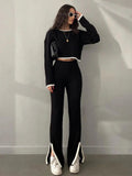 Women's Cool-Weather Knit Two-Piece with Contrast Edging - Black