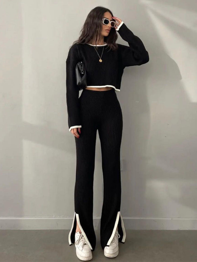Women's Cool-Weather Knit Two-Piece with Contrast Edging - Black
