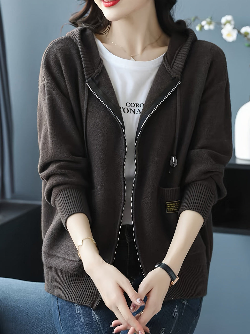 Women's Soft Knit Full-Zip Hoodie Cardigan with Pockets