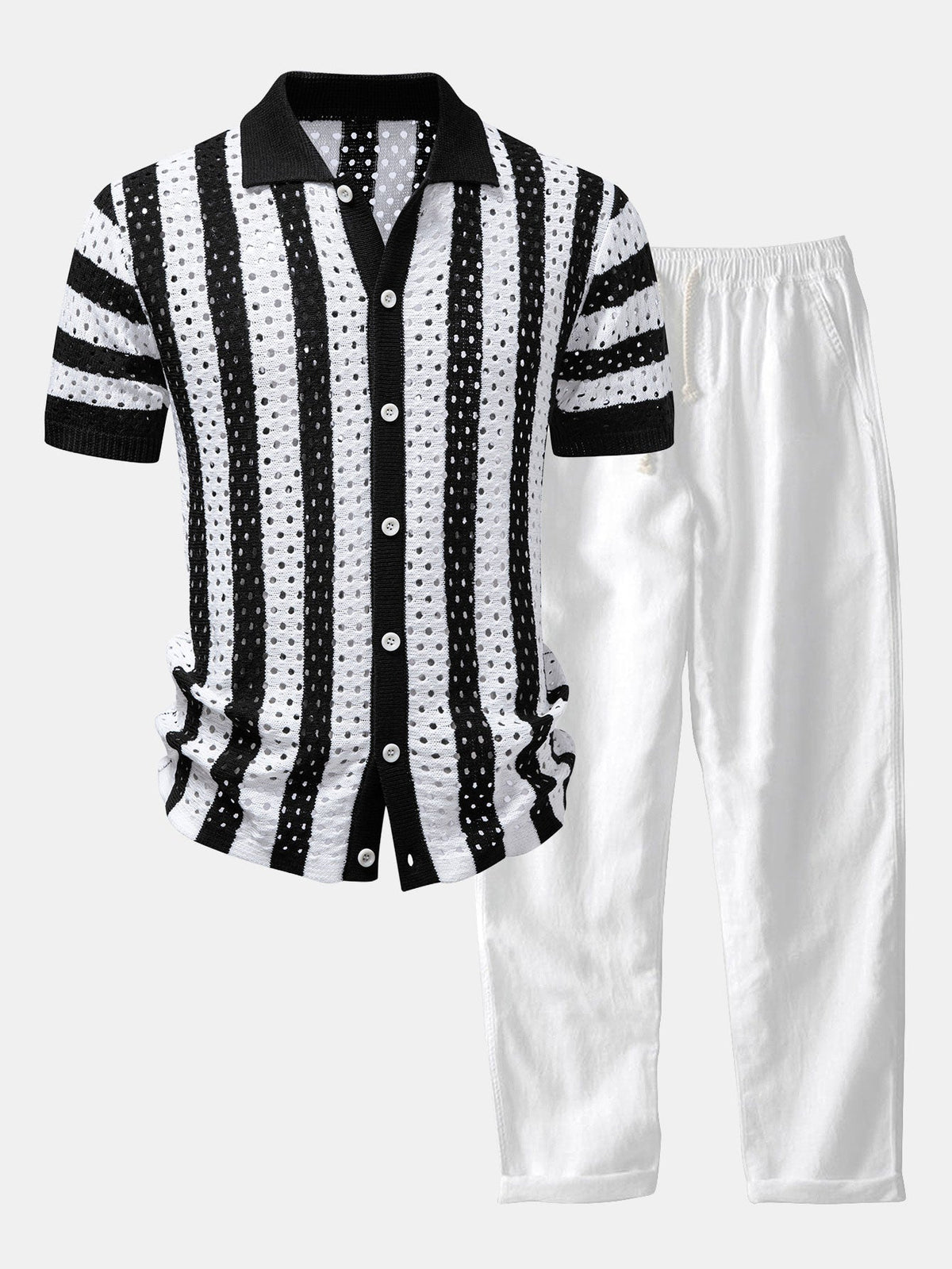 Men's Open Knit Shirt and Linen Blend Trousers Set