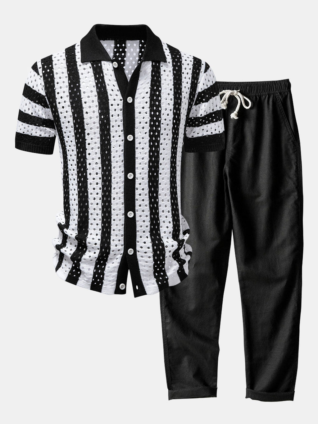 Men's Open Knit Shirt and Linen Blend Trousers Set