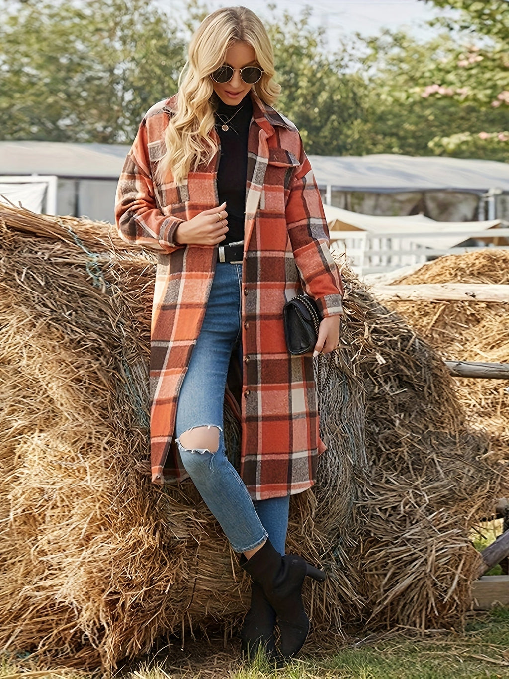 Women's Classic Check Button-Front Longline Coat