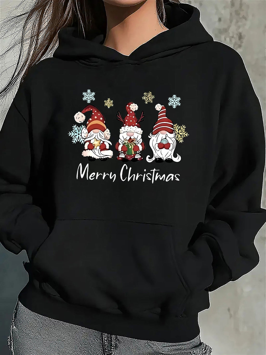 Women's Relaxed Cotton Blend Holiday Sweater with Gnome Motif - Black