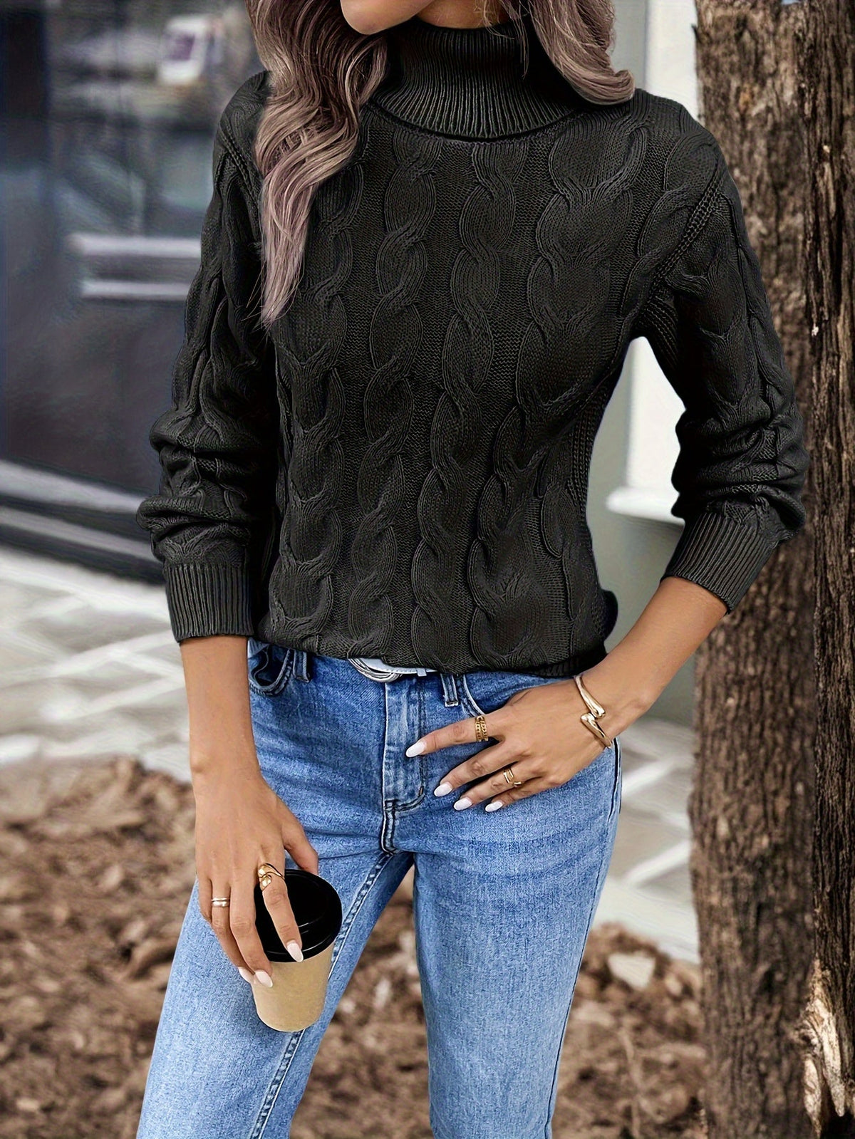 Women's Everyday Turtleneck Pullover with Twisted Cable Knit