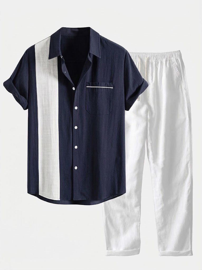 Men's Cotton Shirt and Linen Blend Trousers Set Lightweight