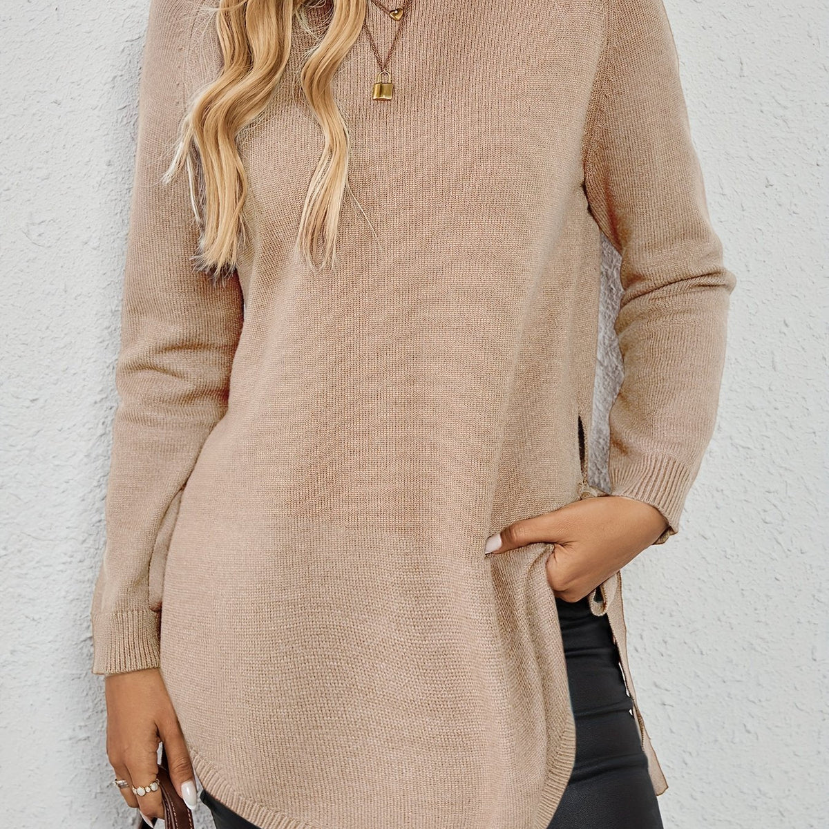 Women's Split-Side Tunic Length Pullover Sweater - Pink