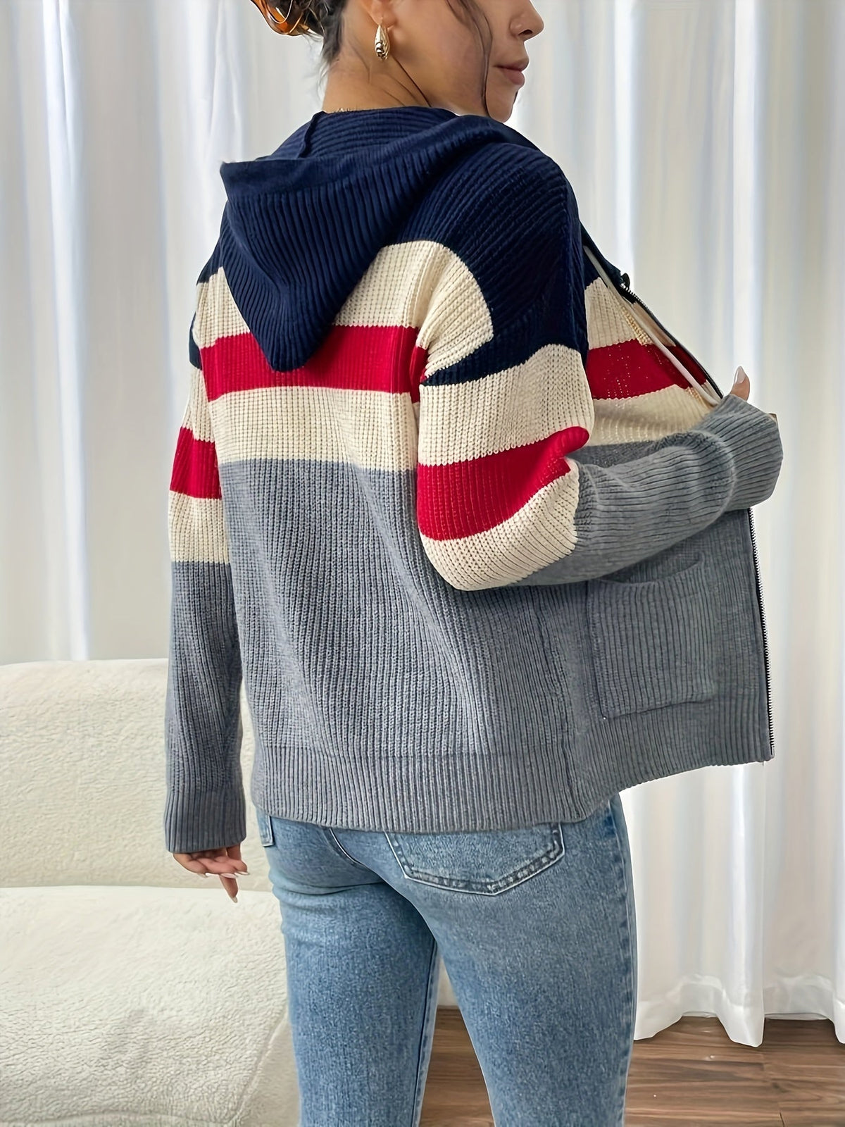 Women's Multicolor Rib Knit Hooded Zip-Up Cardigan