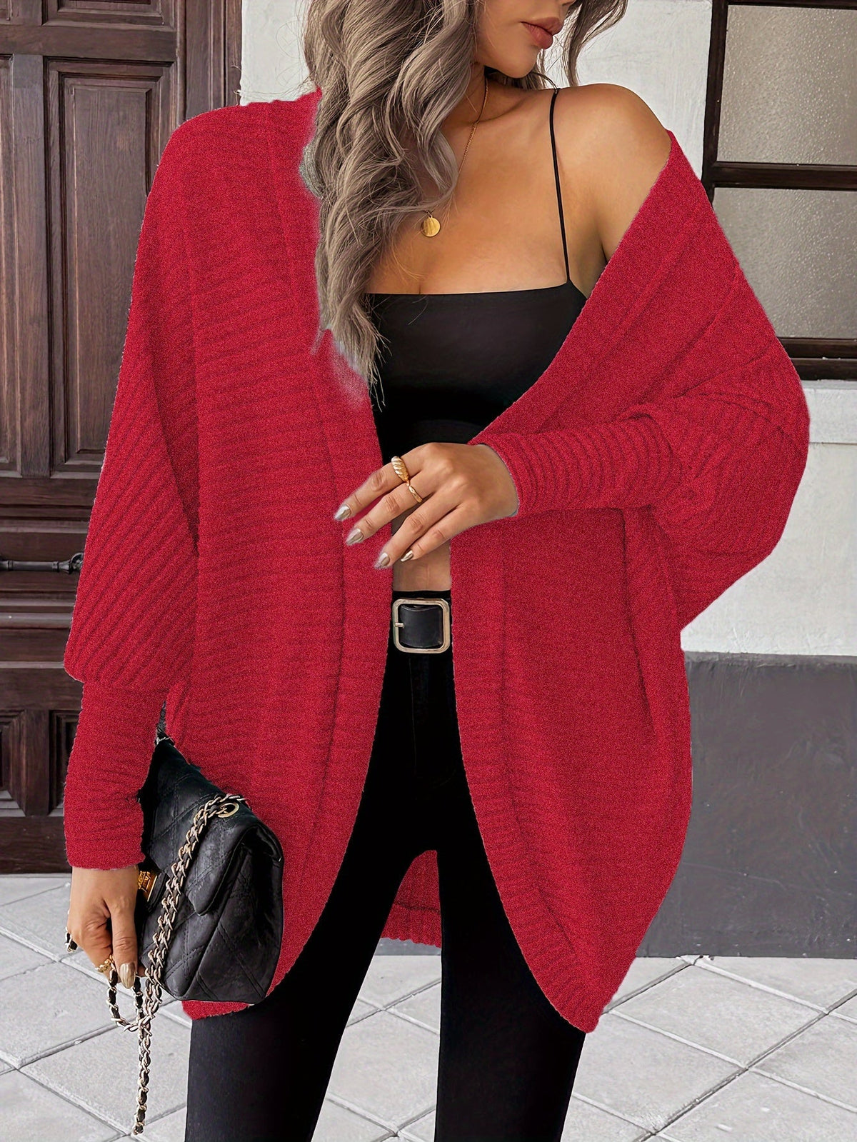 Women's Buttonless Ribbed Drape Cardigan
