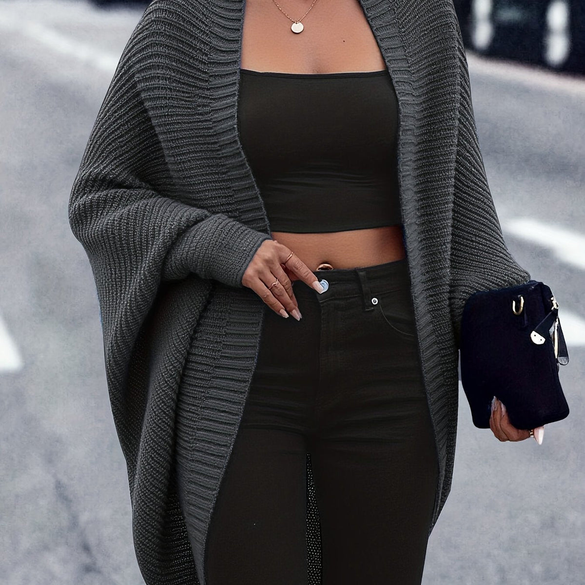 Women's Relaxed Longline Knit Cardigan for Holiday Layering - Dark Gray