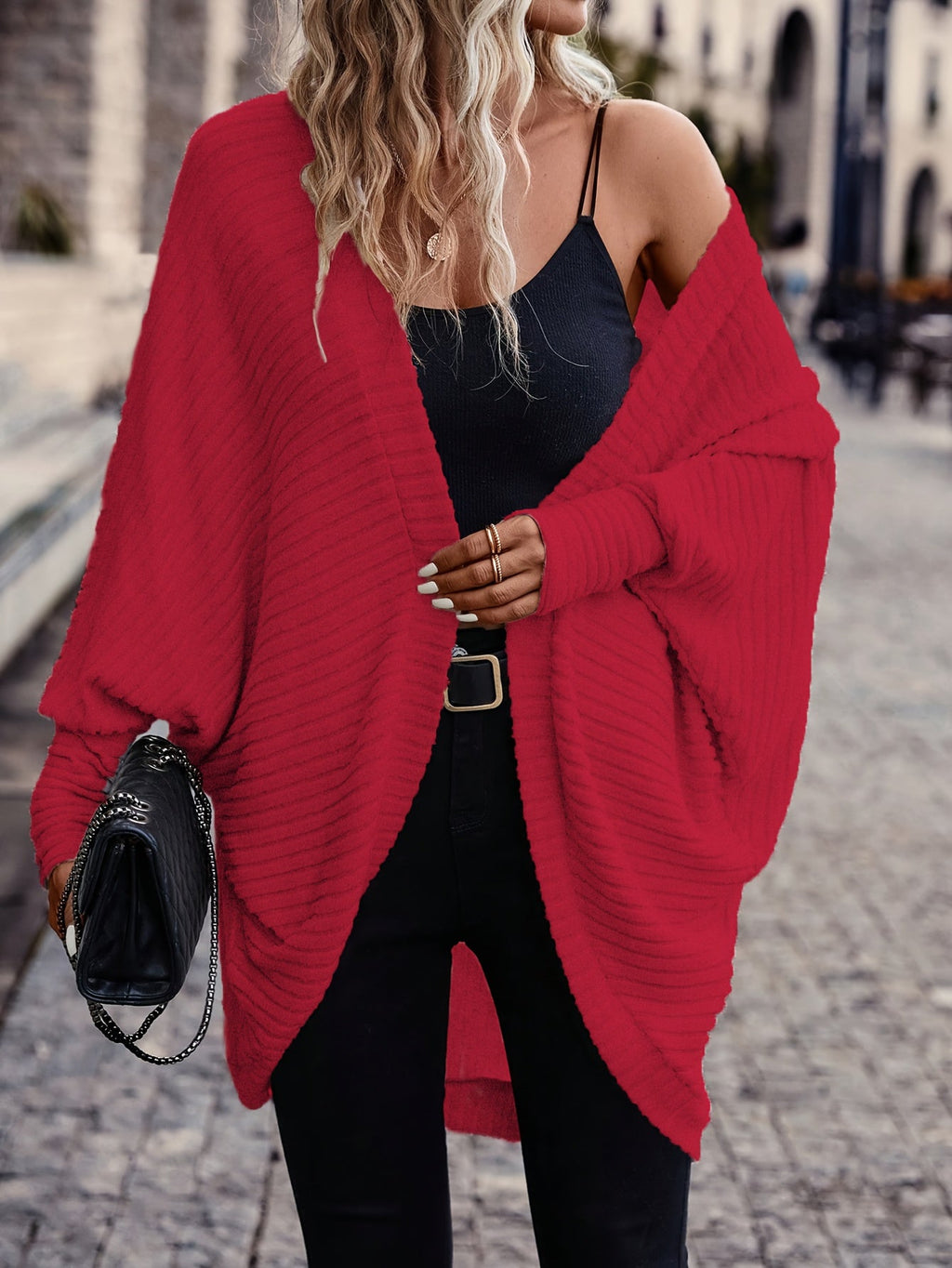 Women's Buttonless Ribbed Drape Cardigan