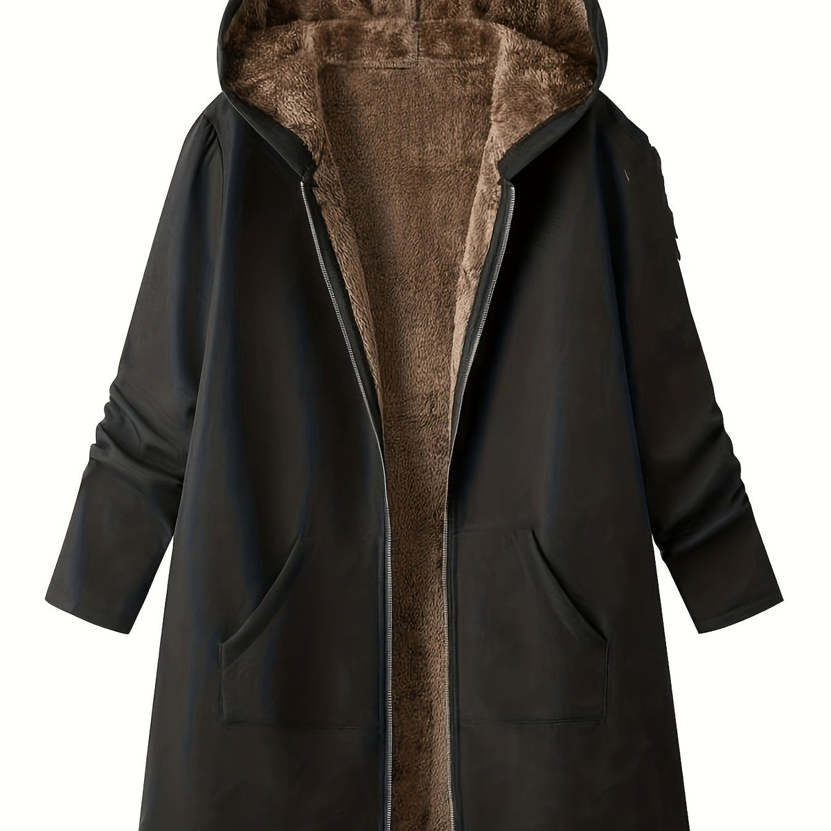 Women's Longline Hooded Winter Coat with Full-Length Zip - Black