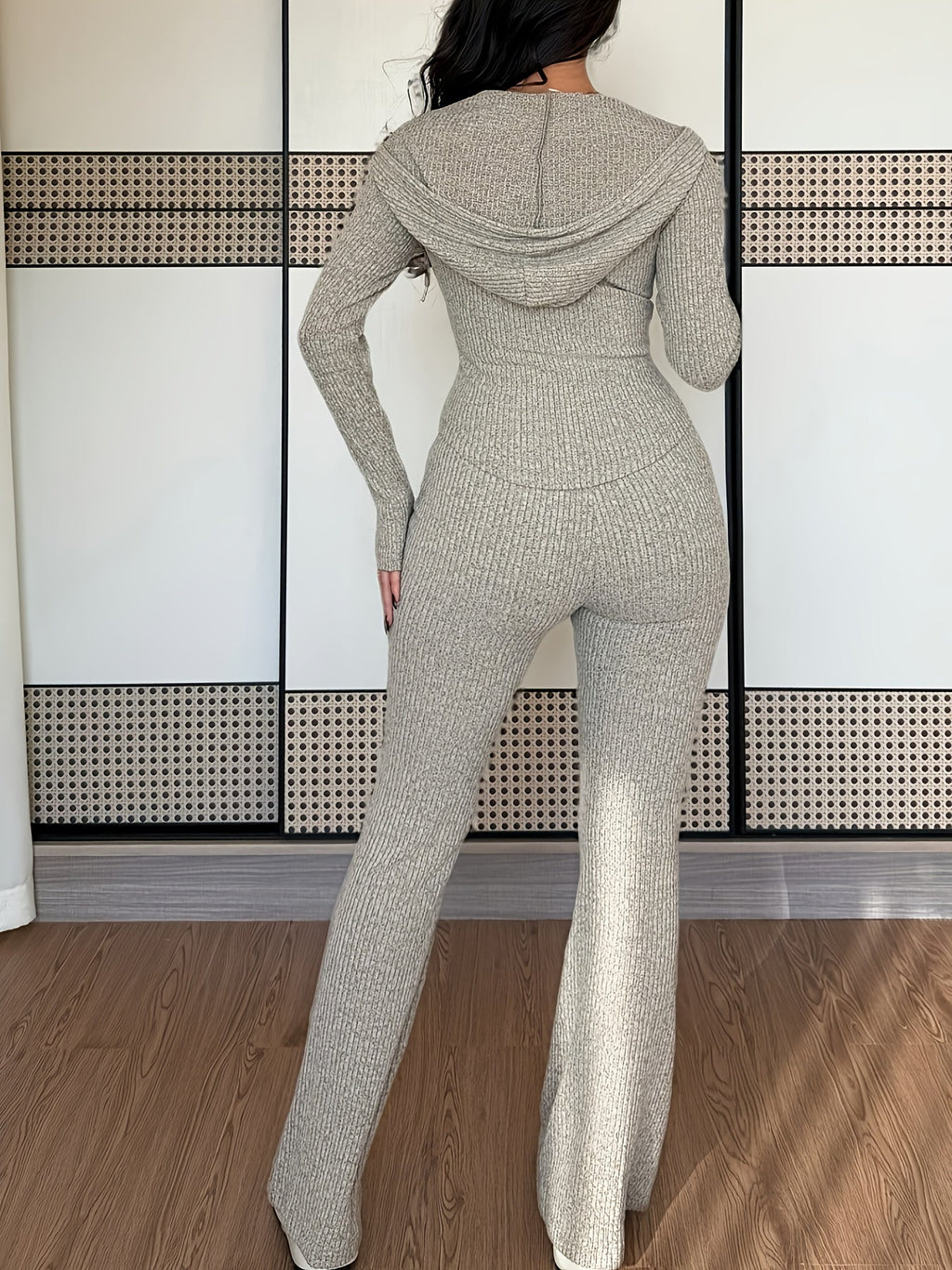 Women's Ribbed Knit Hoodie and Flare Pants Lounge Set