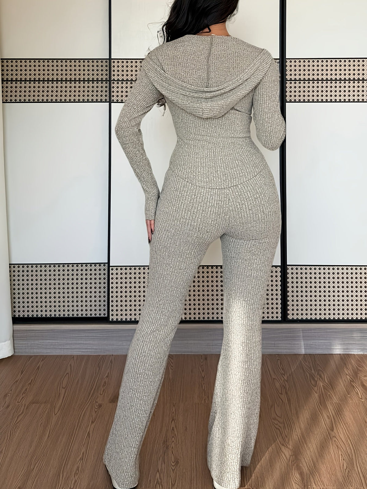 Women's Ribbed Knit Hoodie and Flare Pants Lounge Set