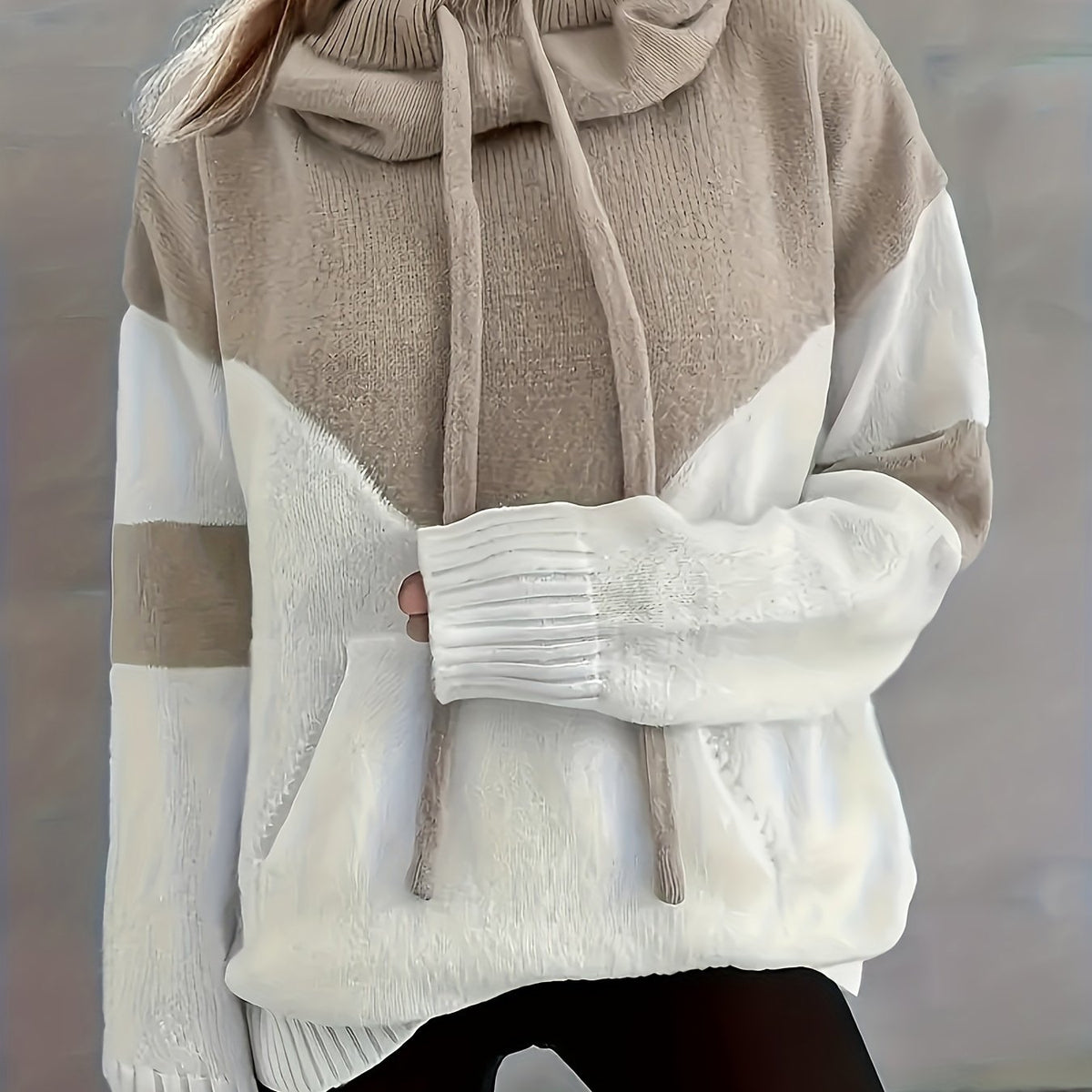 Women's Drawstring Hood Two-Tone Relaxed Pullover Hoodie - Khaki