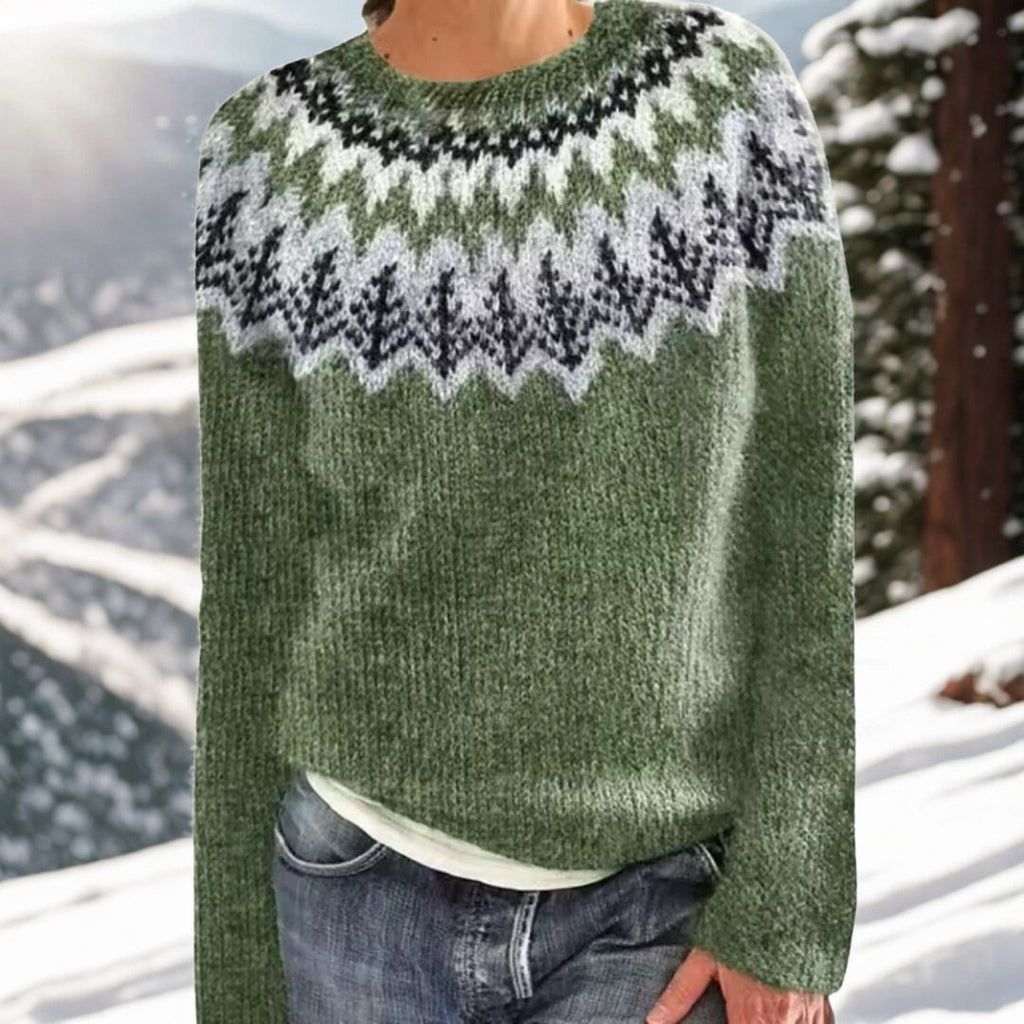 Women's Patterned Neckline Knit Crew Sweater for Winter - Green