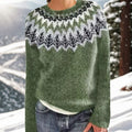 Women's Patterned Neckline Knit Crew Sweater for Winter - Green