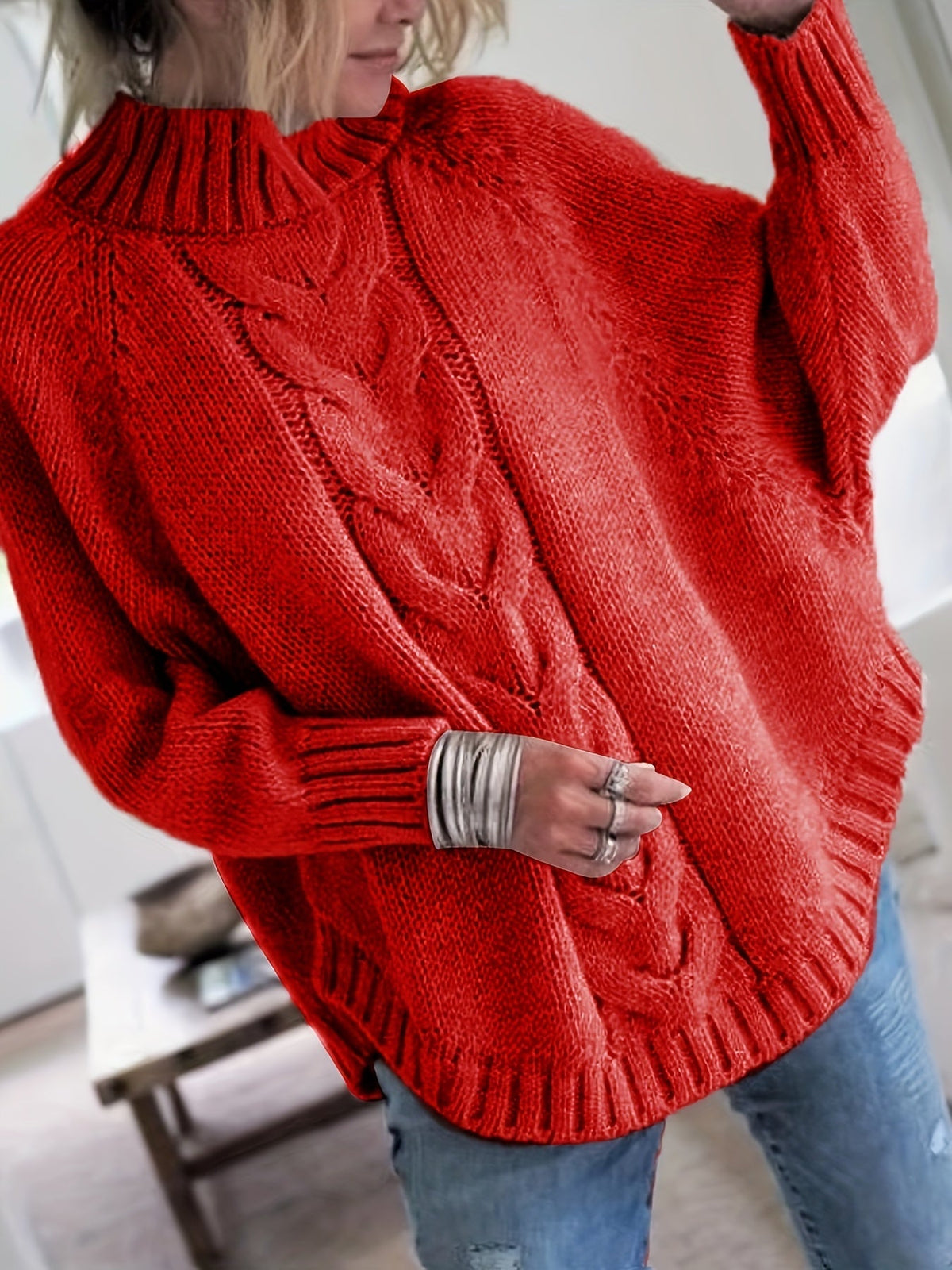 Women's Thick Textured High-Neck Sweater with Cable Detail