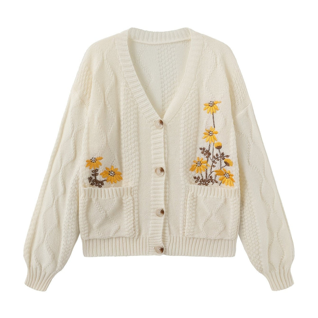 Women's Delicate Floral Stitch Knit Cardigan - Apricot