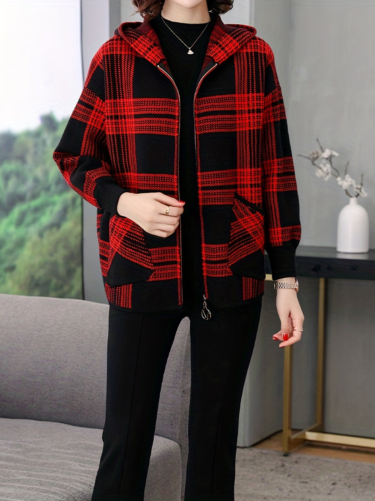 Women's Relaxed Checked Hoodie Jacket with Full Zipper