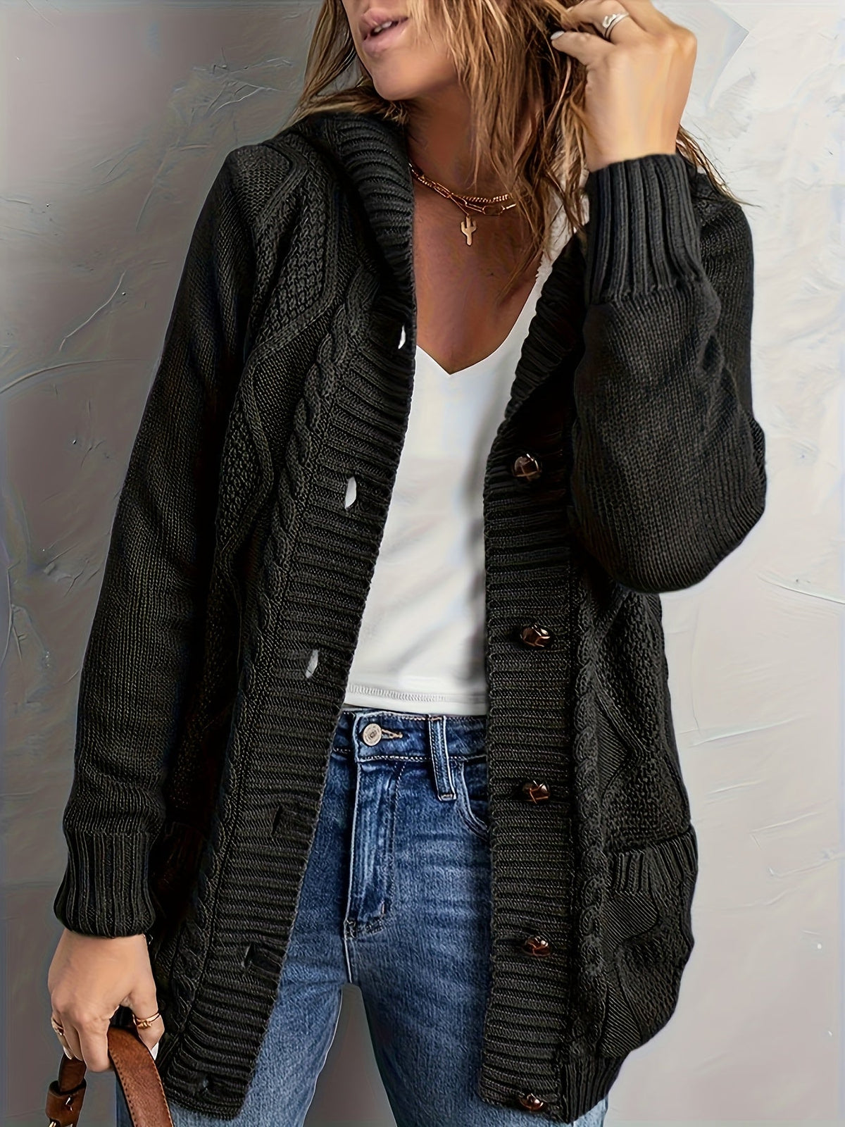 Women's Fleece-Lined Button-Up Hooded Knit Cardigan