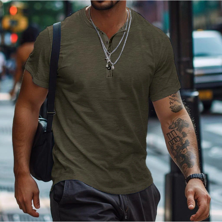 Men's Textured Button Neck Relaxed Fit Short Sleeve Polo