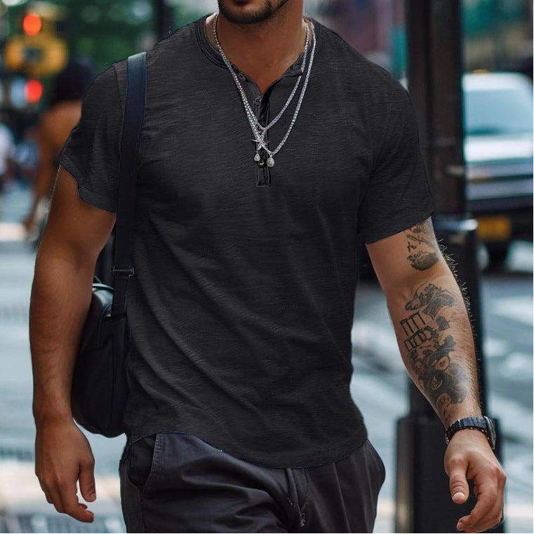 Men's Textured Button Neck Relaxed Fit Short Sleeve Polo